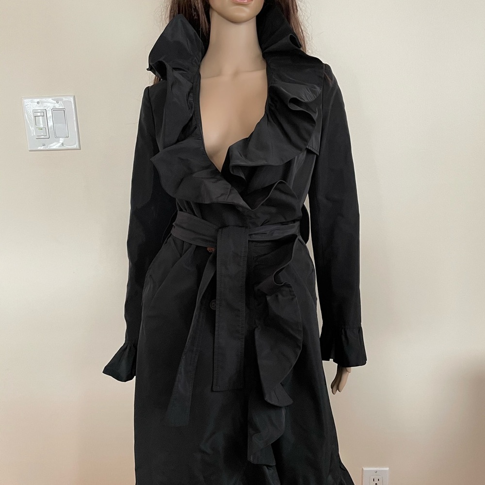 Dolce & Gabbana Black Ruffle-trimmed Belted Coat. Size 38.